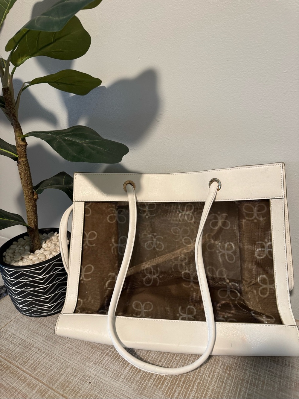 Arbonne Brown Signature-Print Mesh Tote with White Trim